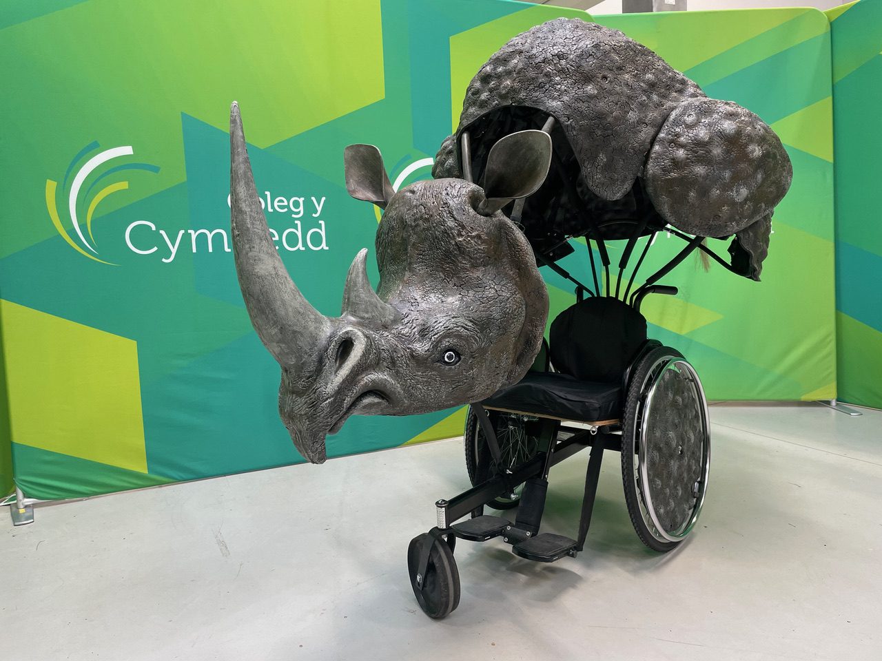 Coleg y Cymoedd learners create first ever rhino wheelchair costume for London Marathon